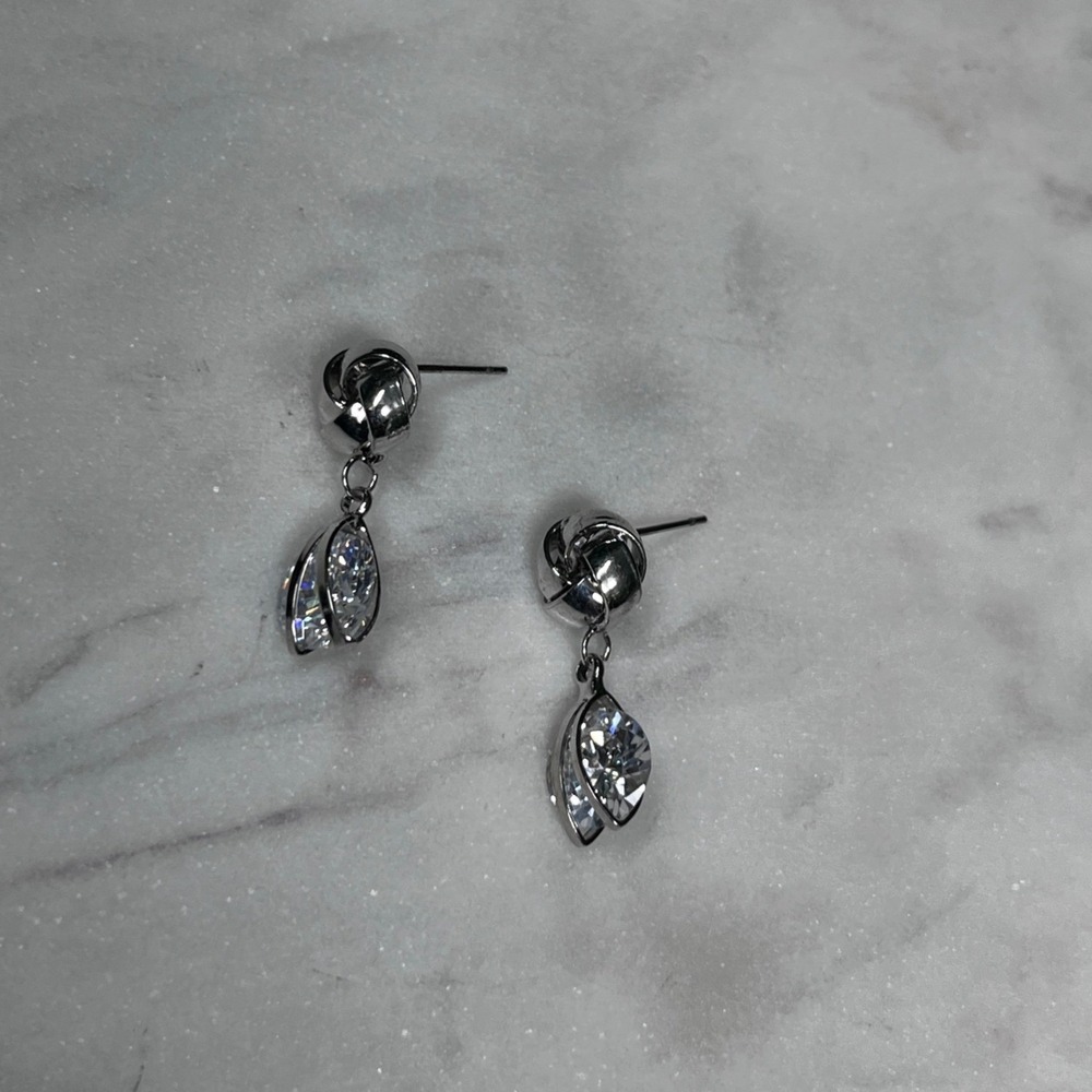 Love Knot Silver Tone Earrings Marquise Crystal Drop Dangle Post 4122 - Picture 4 of 5